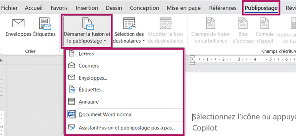 Démarrer la fusion et le publipostage